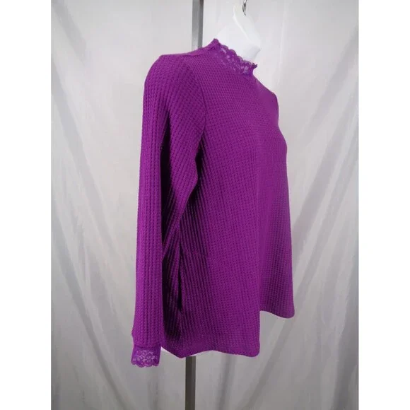 LOGO Lori Goldstein Purple Metallic Waffle Knit Mock Neck Top Lace Sz Large New - Picture 5 of 15